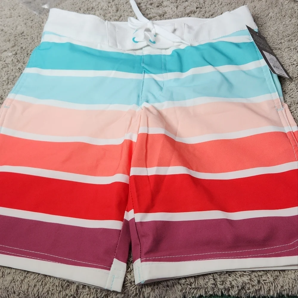 Boys' Striped Swim Shorts -art class Green/Red UPF50+, Adjustable Waistband 8